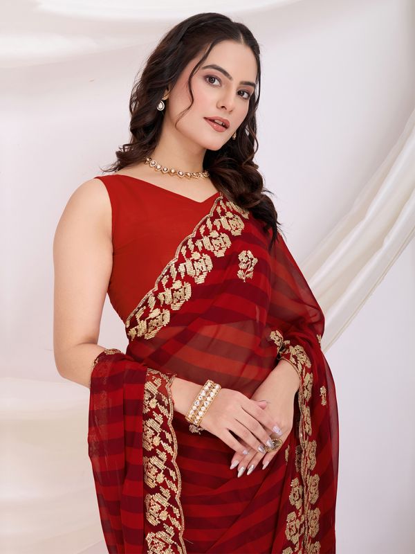 Berry Red Casual Saree In Lehariya Print