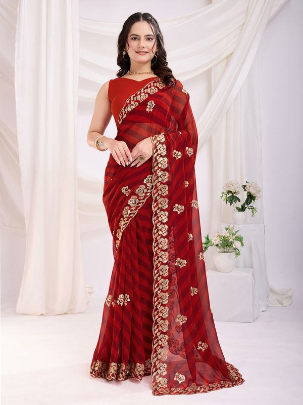 Berry Red Casual Saree In Lehariya Print