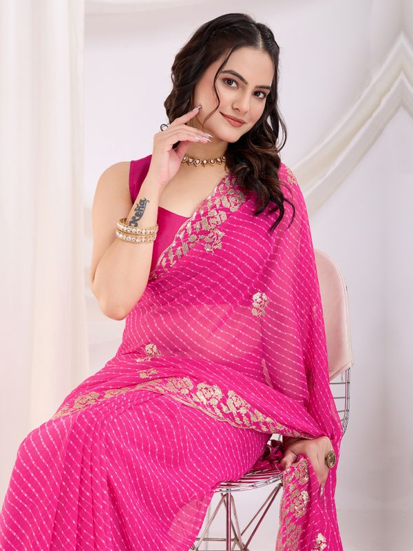 Pink Georgette Festive Saree In Traditional Print