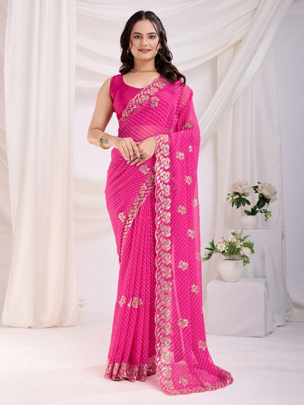 Pink Georgette Festive Saree In Traditional Print