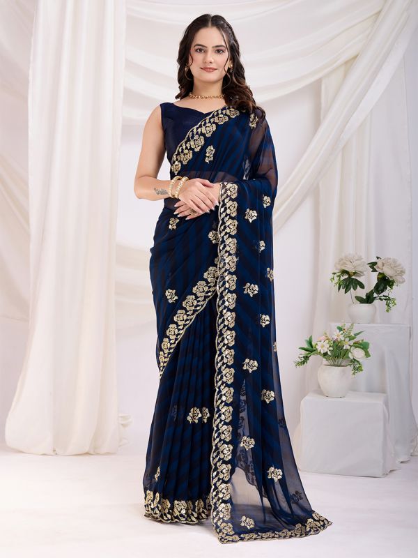 Navy Blue Printed Party Wear Saree With Blouse