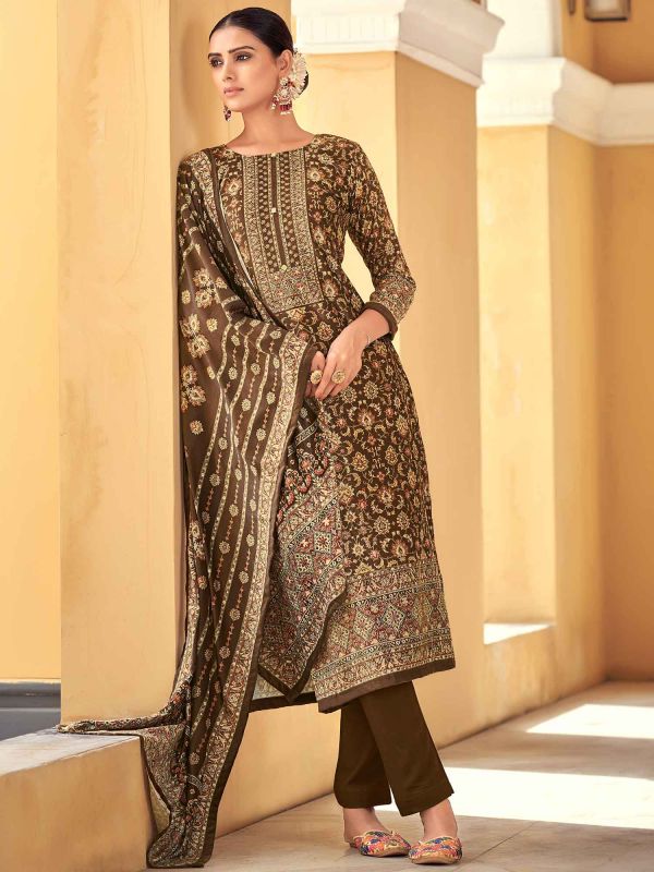 Brown Velvet Salwar Suit With Digital Prints