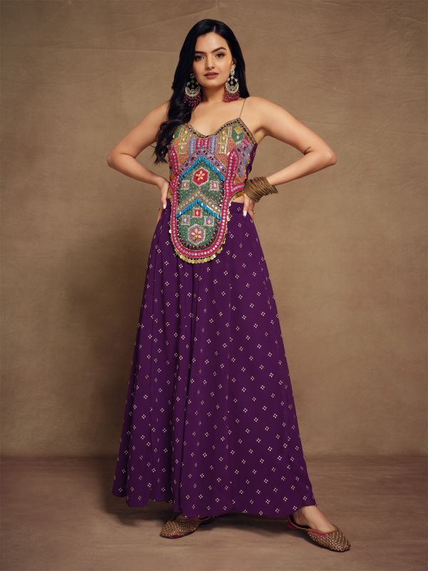 Violet Purple Embroidered Top With Skirt In Georgette