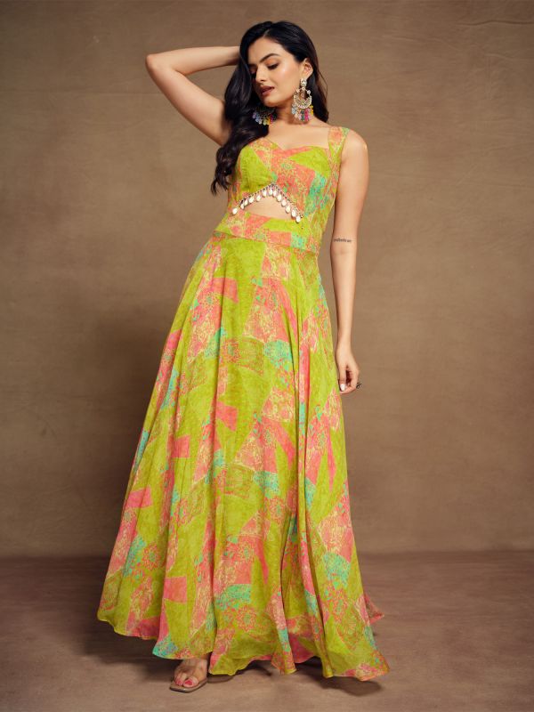 Multicolor Printed Womens Gown In Georgette