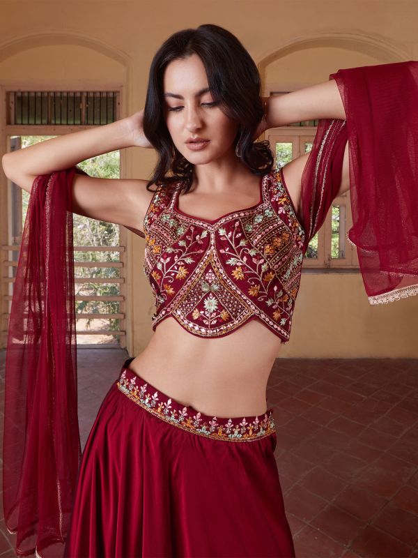 Maroon Embroidered Top With Rufflled Skirt And Dupatta