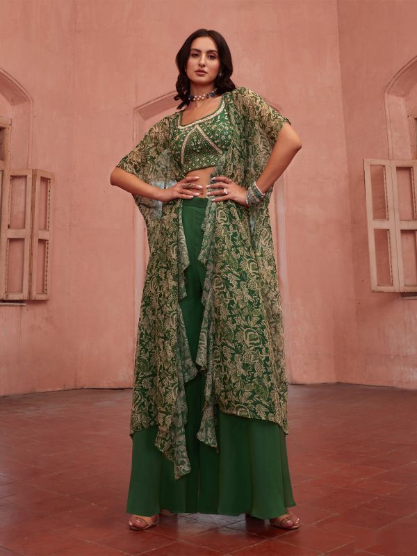 Green Embroidered Top With Palazzo And Printed Shrug