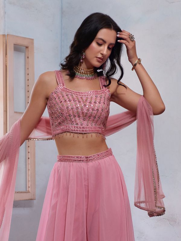Rose Pink Mirror Work Top With Plain Skirt And Net Dupatta