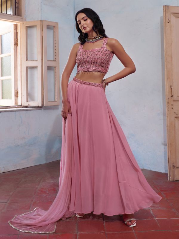 Rose Pink Mirror Work Top With Plain Skirt And Net Dupatta
