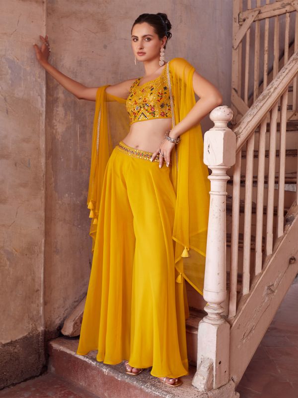 Yellow Embroidered Top With Palazzo And Dupatta In Net