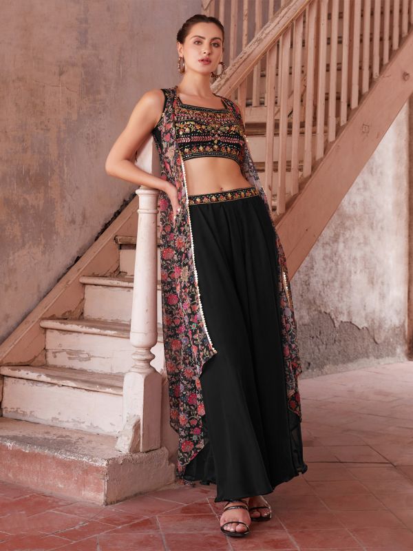 Black Readymade Embroidered Top With Palazzo And Shrug