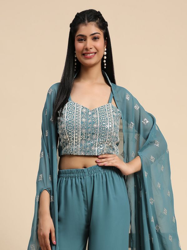 Teal Blue Thread Embroidered Top With Palazzo And Shrug