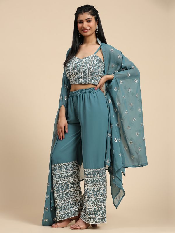 Teal Blue Thread Embroidered Top With Palazzo And Shrug