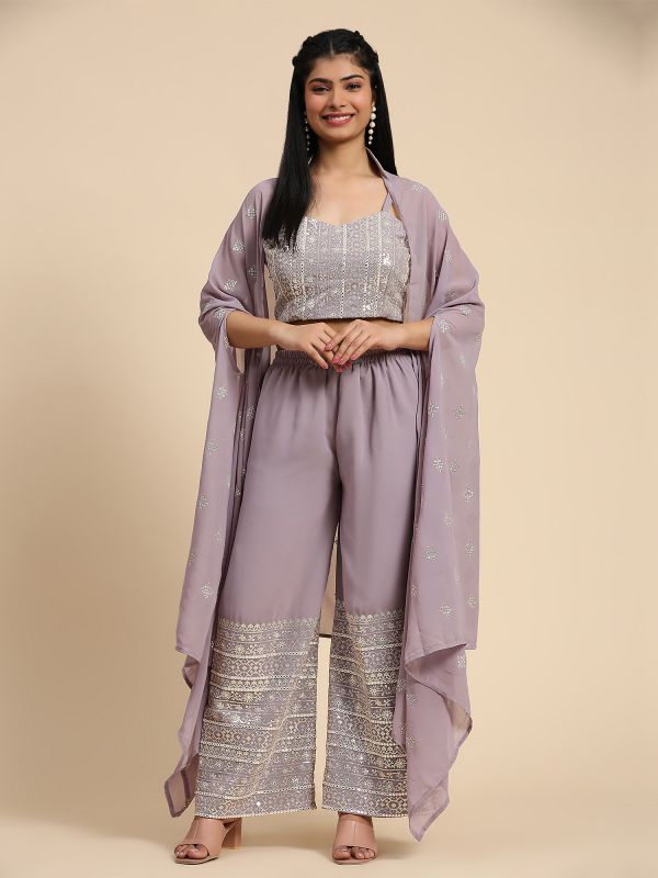 Lilac Georgette Co-Ord Set With Shrug In Thread Embroidery