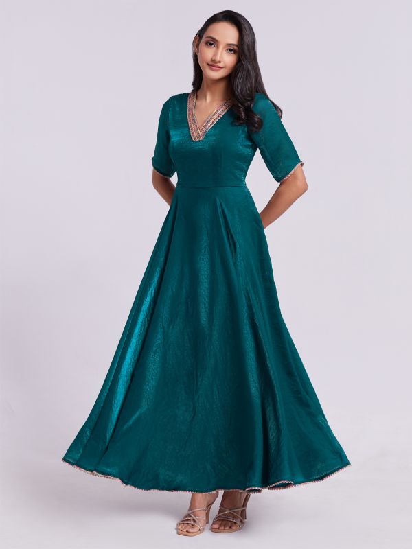 Teal Blue Readymade Womens Gown In Organza