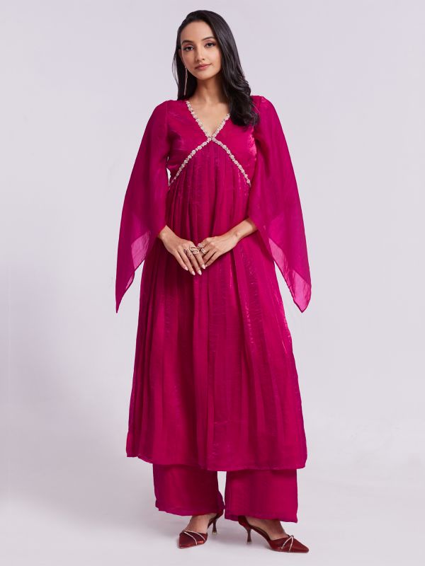 Deep Pink Womens Dress With Open Sleeves In Organza