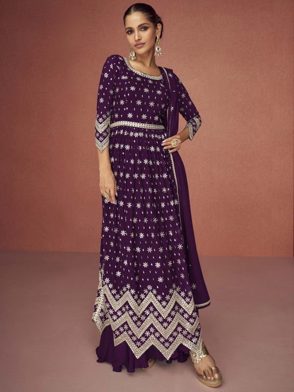 Purple Georgette Palazzo Suit With Embroidery