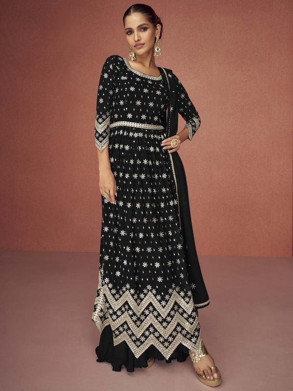 Black Embroidered Palazzo Salwar Suit With Dupatta