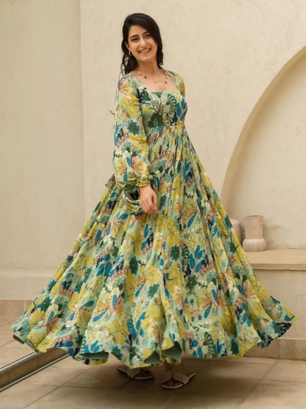 Green Digital Printed Gown With Puffy Sleeves