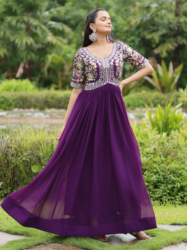 Violet Purple Gown In Heavy Embroidery