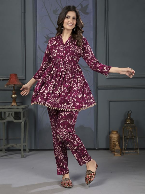 Wine Floral Printed Co-Ords Set In Rayon