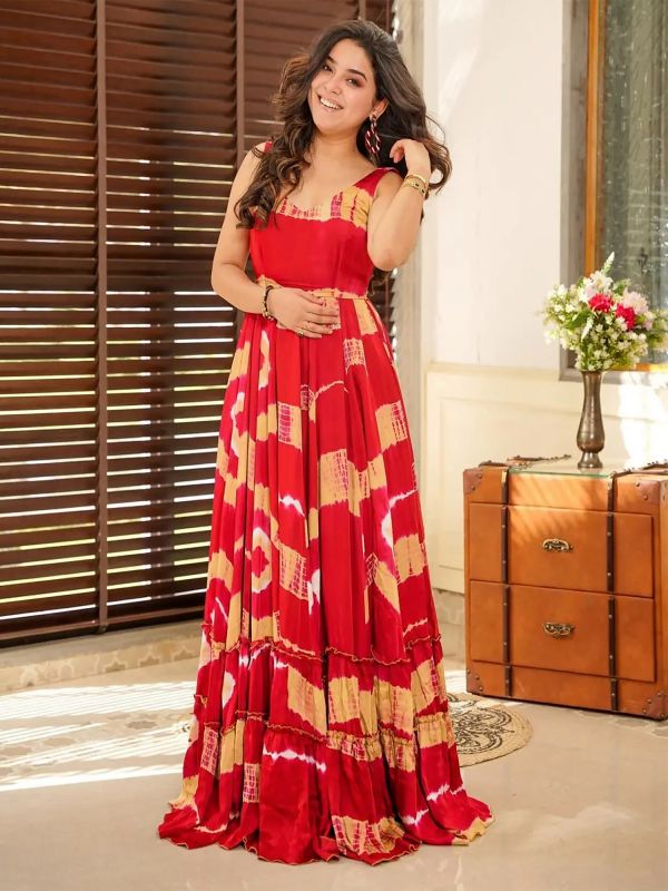 Red Party Wear Gown In Digital Print