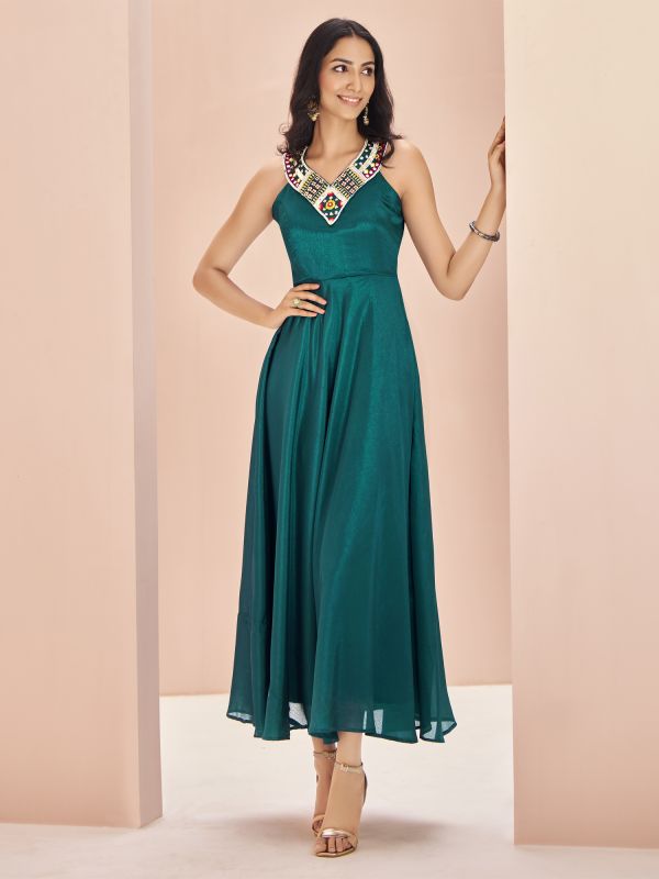 Rama Green Womens Gown In Chinon Silk