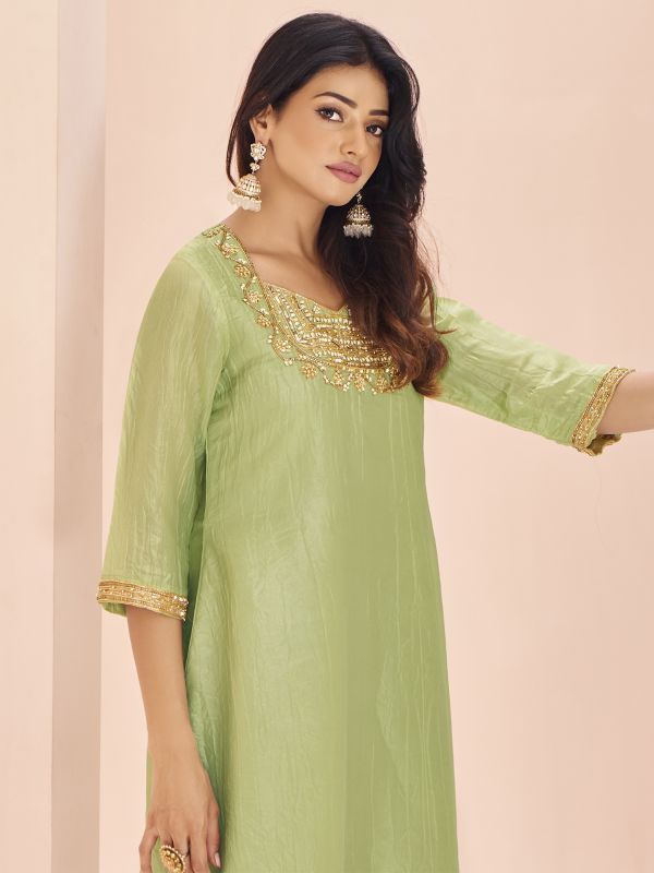 Pista Green Womens Dress In Hand Embroidery