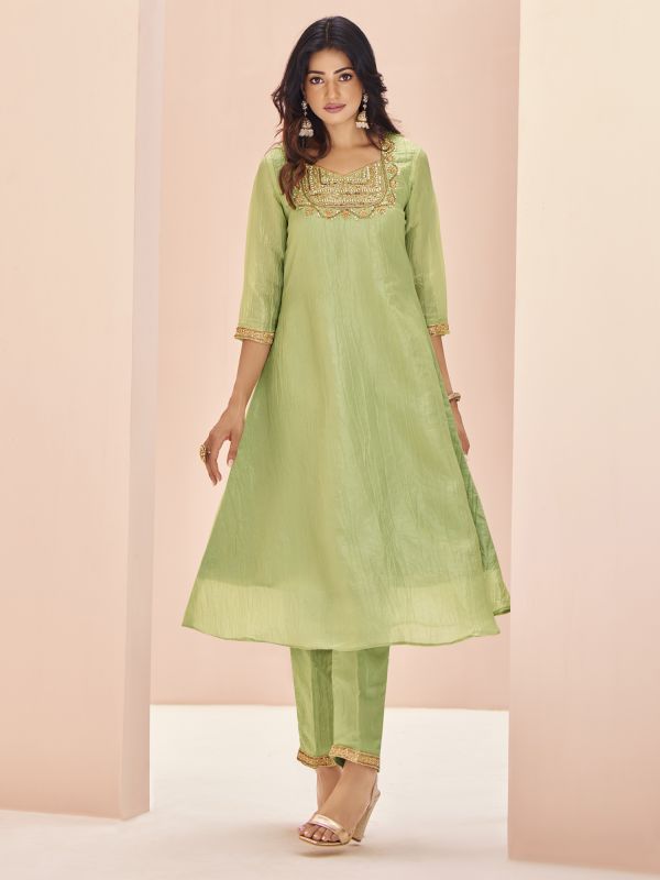 Pista Green Womens Dress In Hand Embroidery