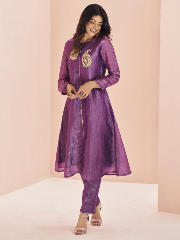 Purple Hand Work Dress With Full Sleeves