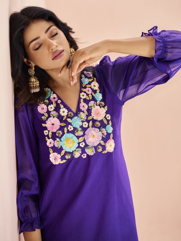 Purple Floral Embroidered Kurti With Pant