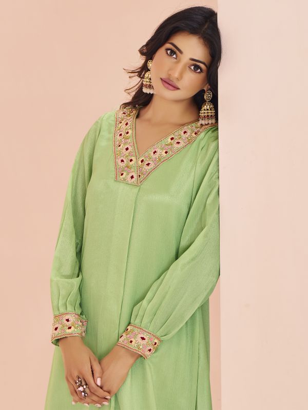 Green Women Flare Style Kurti With Full Sleeves