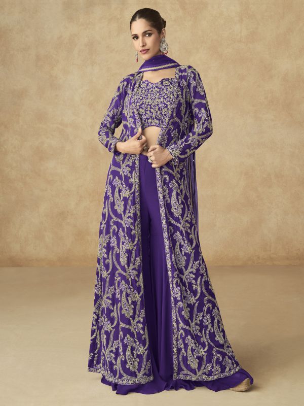 Purple Embroidered Top With Shurg In Georgette