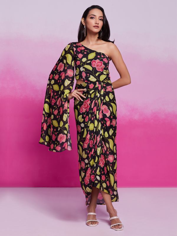 Black Women's One Shoulder Dress In Print