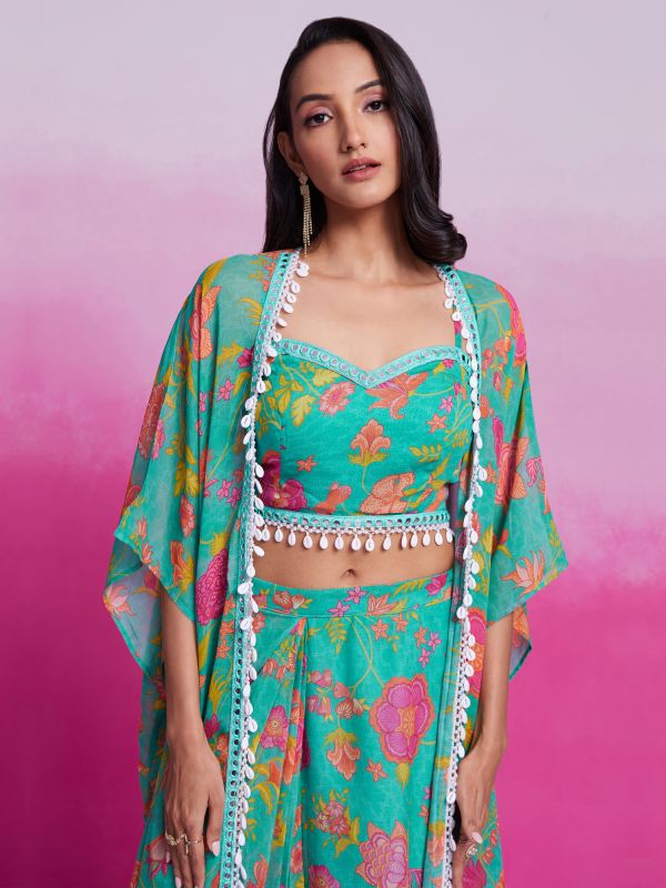 Turquoise Georgette Co-Ord Set With Shrug