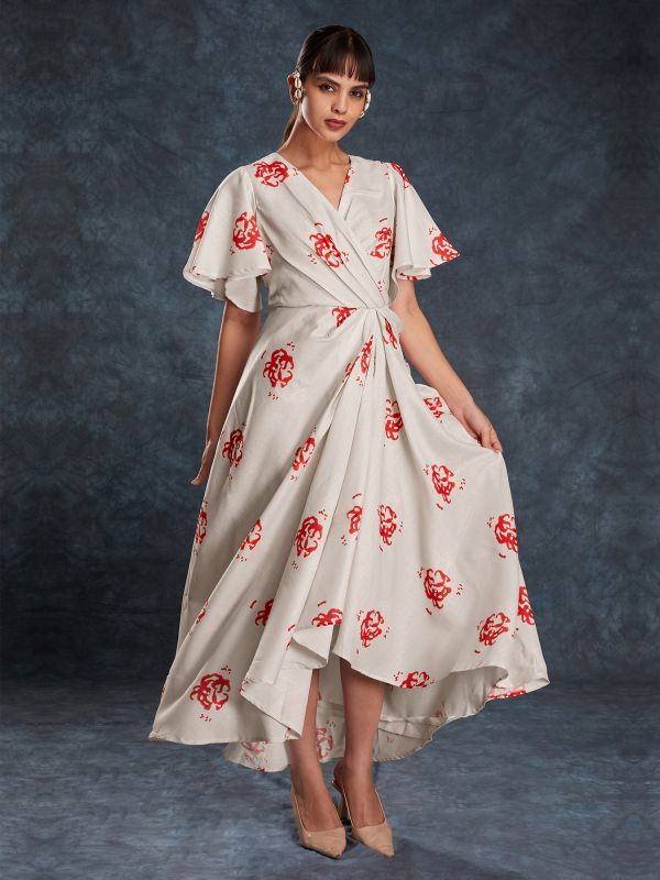 Off White Linen Gown In Digital Print