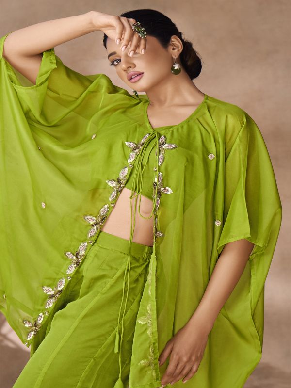 Green Top And Palazzo With Embroidered Cape