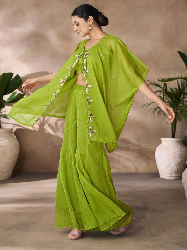 Green Top And Palazzo With Embroidered Cape