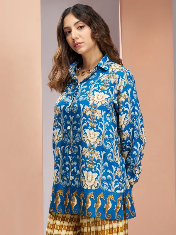 Blue Casual Wear Co-Ord Set In Muslin Silk