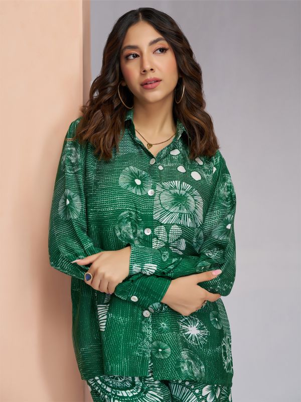 Green Printed Co-Ord Set In Silk