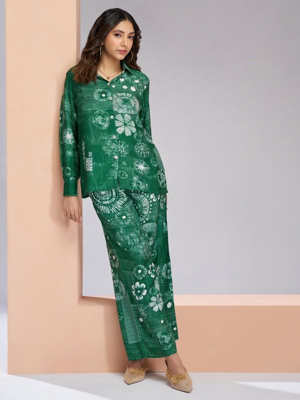 Green Printed Co-Ord Set In Silk