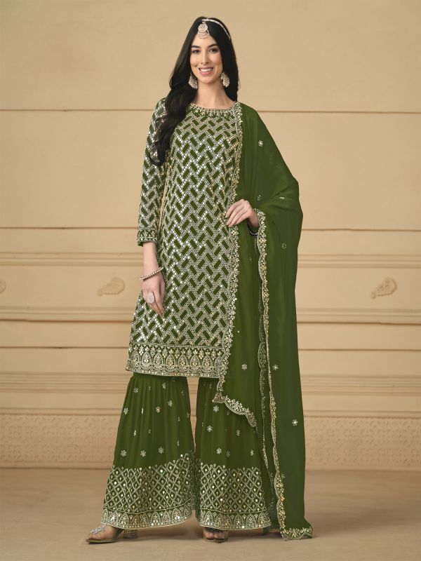 Green Georgette Sharara Style Suit Set With Dupatta