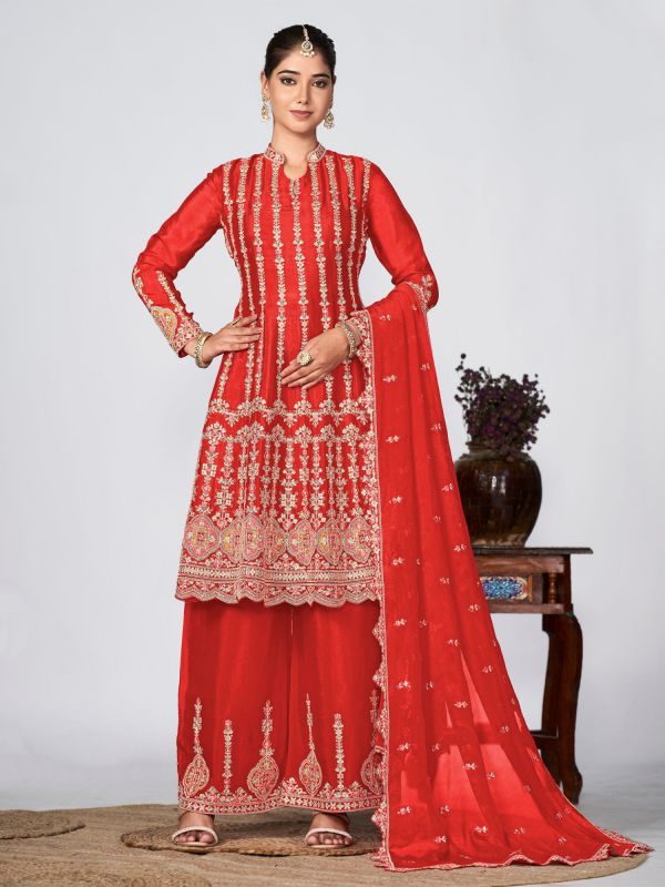 Red Palazzo Style Zari Embroidered Salwar Kameez In Chinon Silk