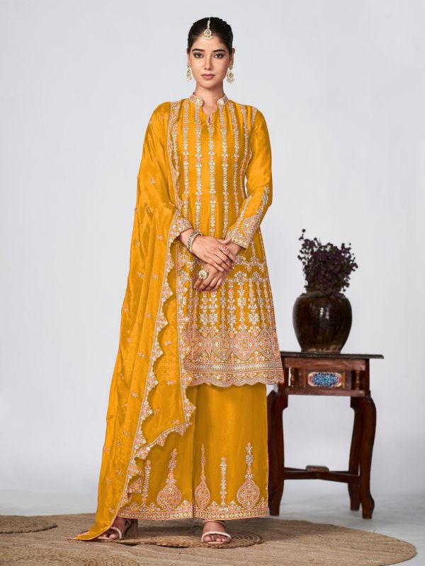 Golden Yellow Festive Wear Palazzo Salwar Suit In Chinon Silk
