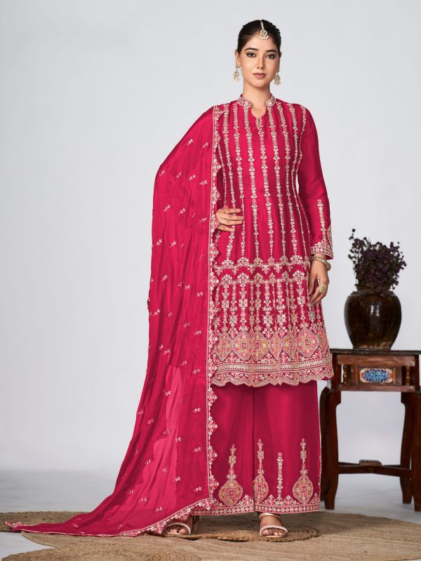 Rani Pink Chinon Silk Palazzo Salwar Suit In Zari Embroidery