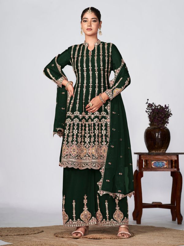 Deep Green Zari Augmented Palazzo Salwar Suit In Chinon Silk