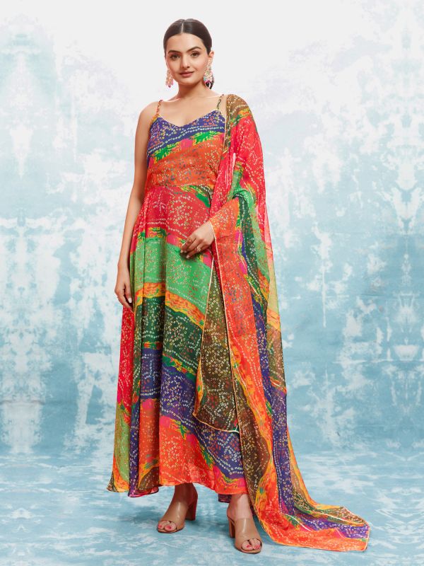 Multicolor Bandhani Printed Readymade Anarkali Salwar Suit