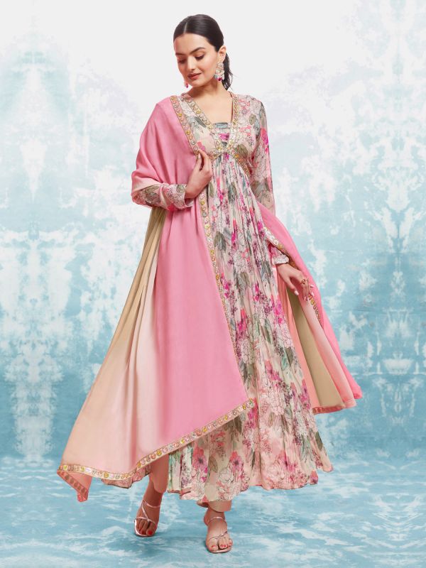 Rose Pink Floral Printed Anarkali Suit In Georgette