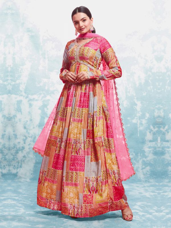 Multicolor Traditional Printed Anarkali Salwar Suit In Muslin