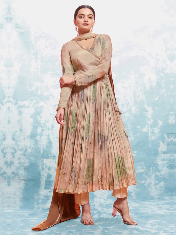 Beige Pleated Pattern Readymade Anarkali Suit In Print