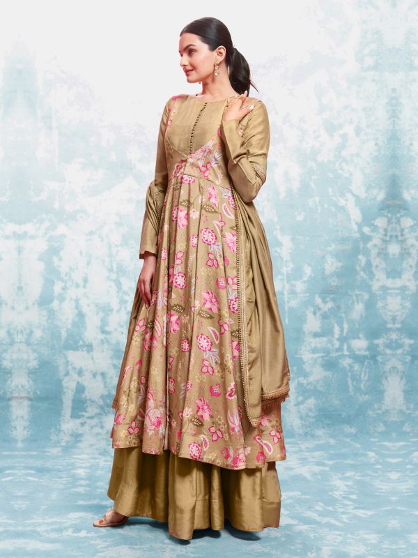 Brown Floral Printed Readymade Anarkali Salwar Suit In Muslin